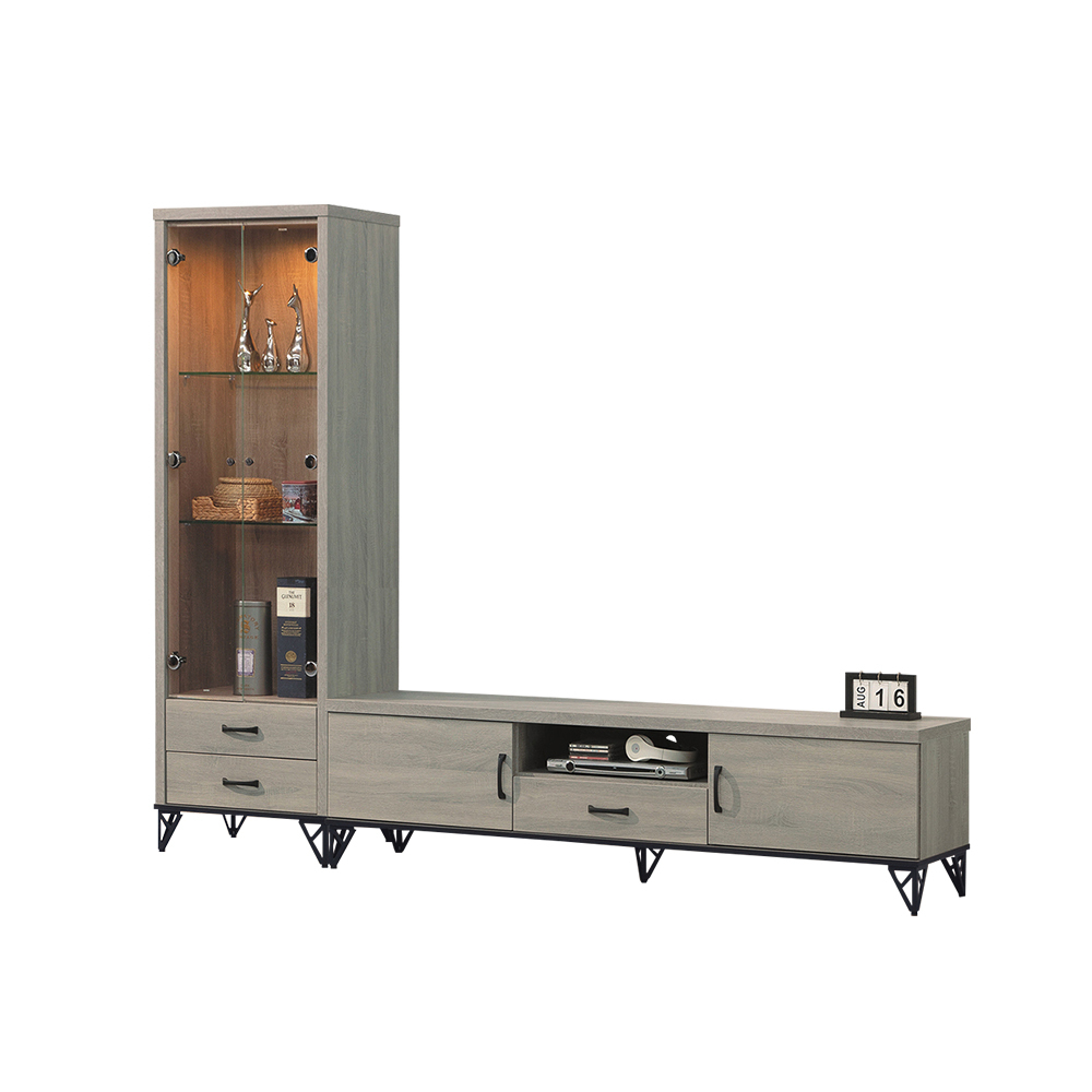 柏蒂家居-卡特森8尺L型電視櫃組合(玻璃展示櫃+視聽長櫃)