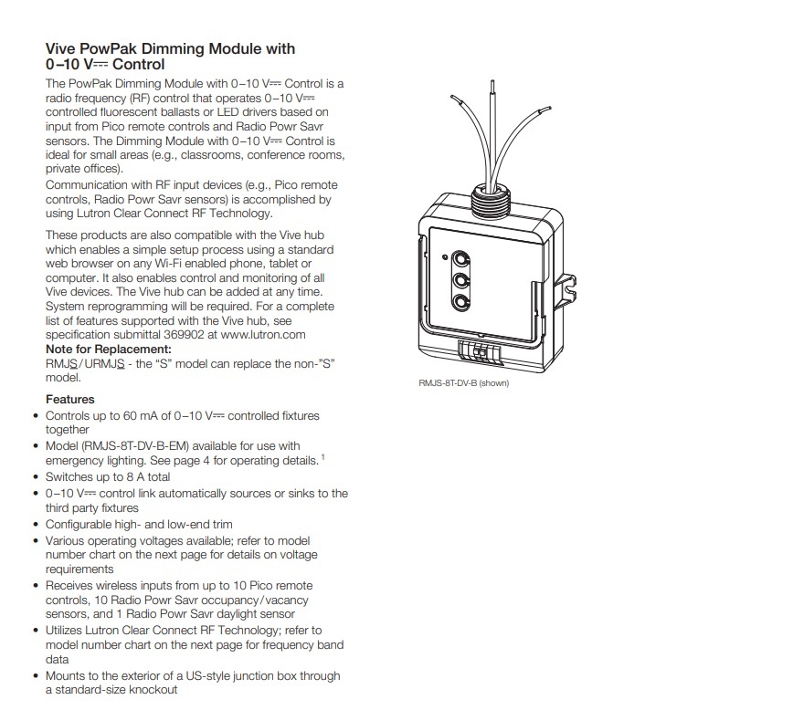 路創 RMJS-8T-DV-B  具有 0–10 V 控制的調光模組