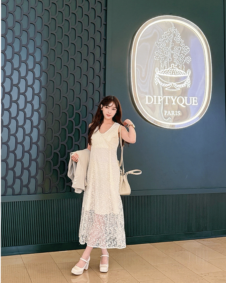 LINA LINA別緻暮光滿版刺繡緹花V領洋裝-唯美杏