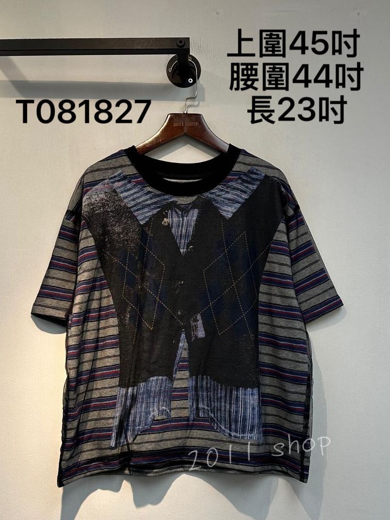 圖領橫間拼紗網TOP  上圍45吋  腰圍44吋 長23吋  T081827