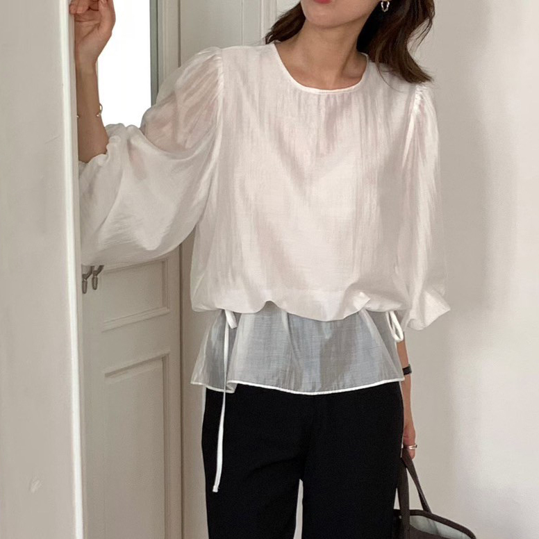 小仙女光澤感收腰綁帶造型圓領上衣 / 2色