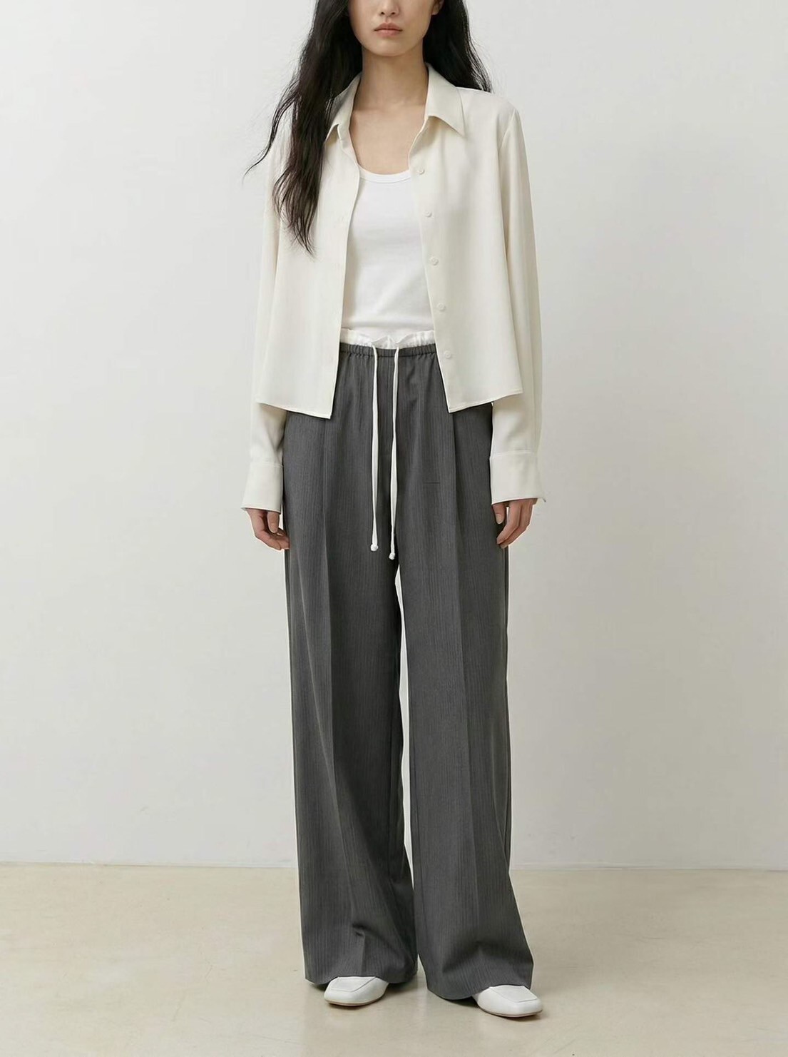 鬆緊腰白色腰頭綁帶造型西裝褲-F / 3色