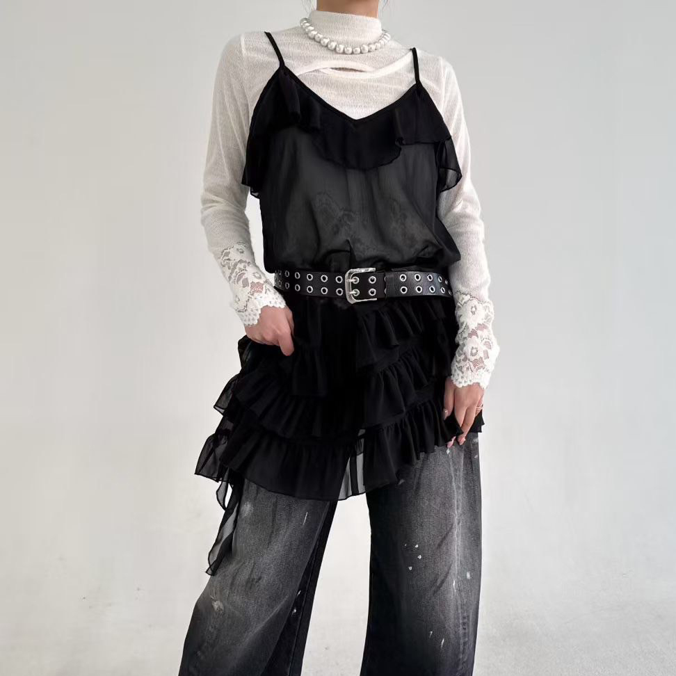 浪漫荷葉滾邊細肩帶長版背心上衣 / 2色