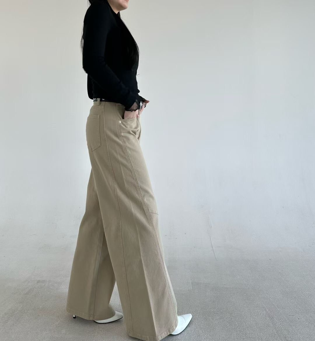 奶茶色系顯瘦3D車線直筒牛仔褲-S-M / 2色