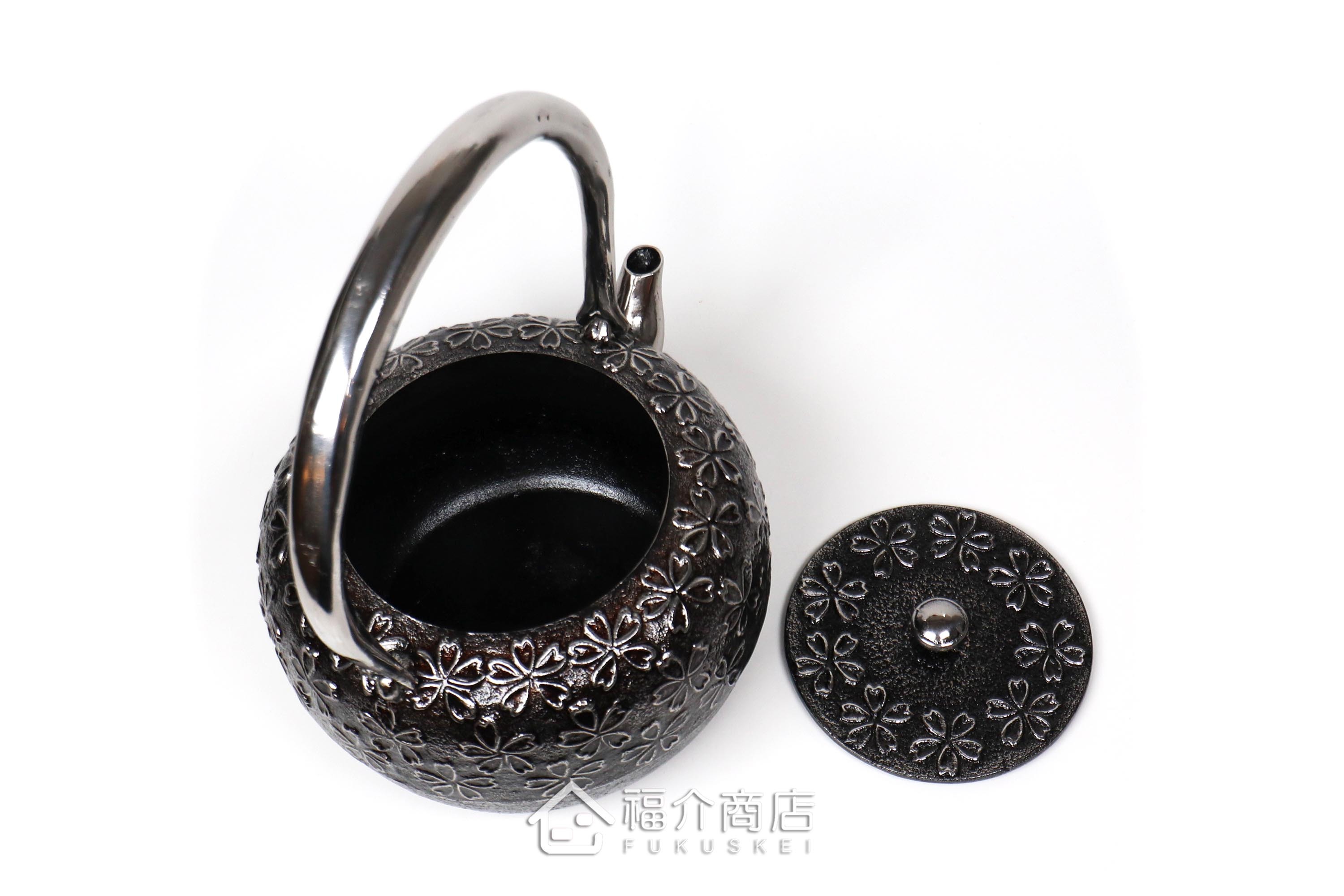 煮水泡茶用的廣口丸型櫻花造型砂鐵壺