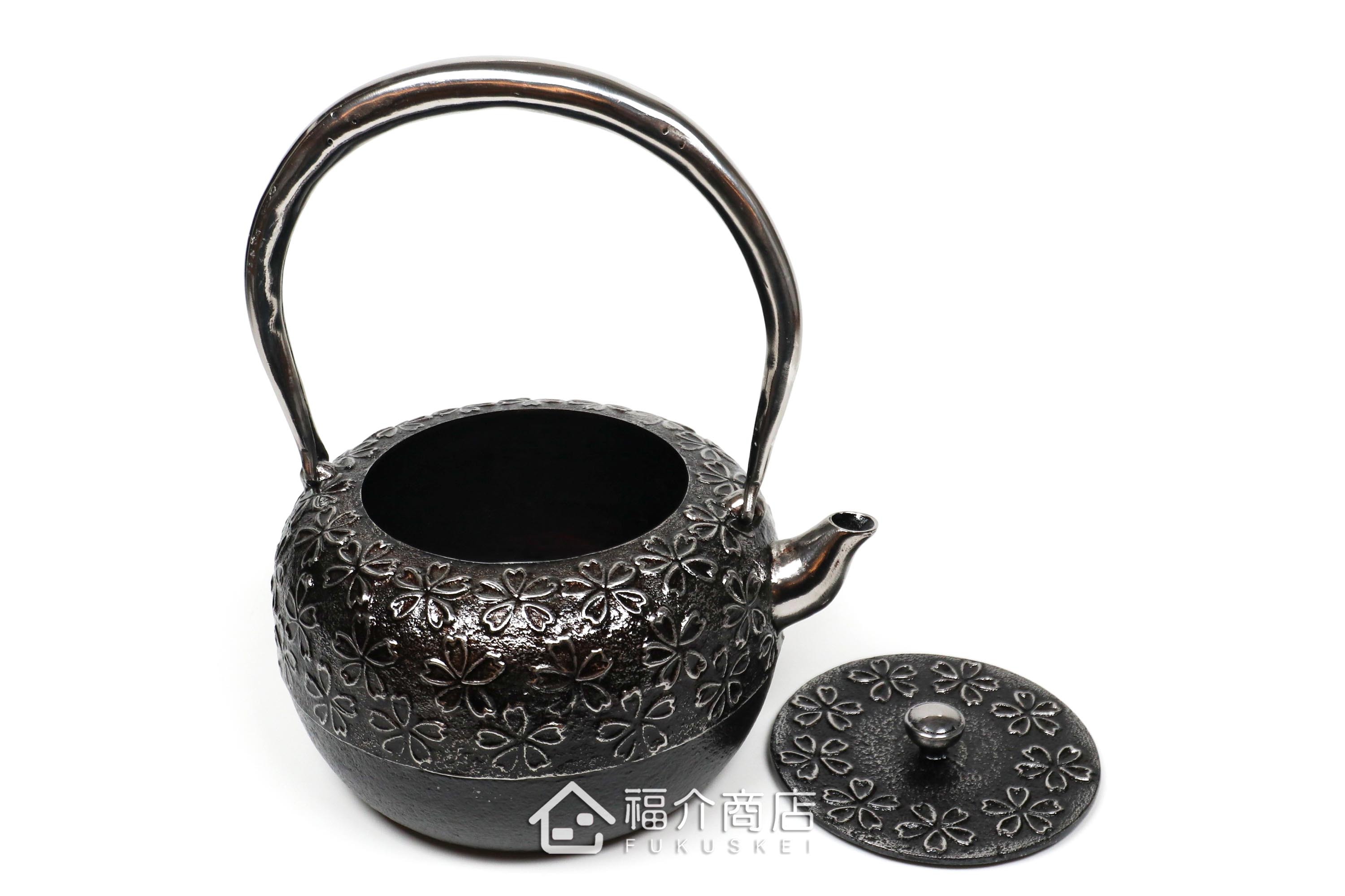 煮水泡茶用的廣口丸型櫻花造型砂鐵壺