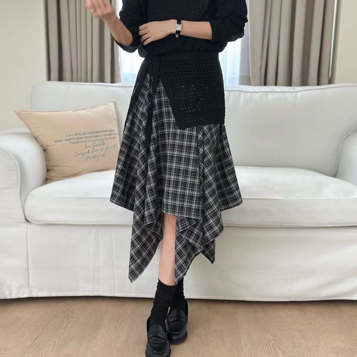 配色格紋不對稱下擺造型長裙-F