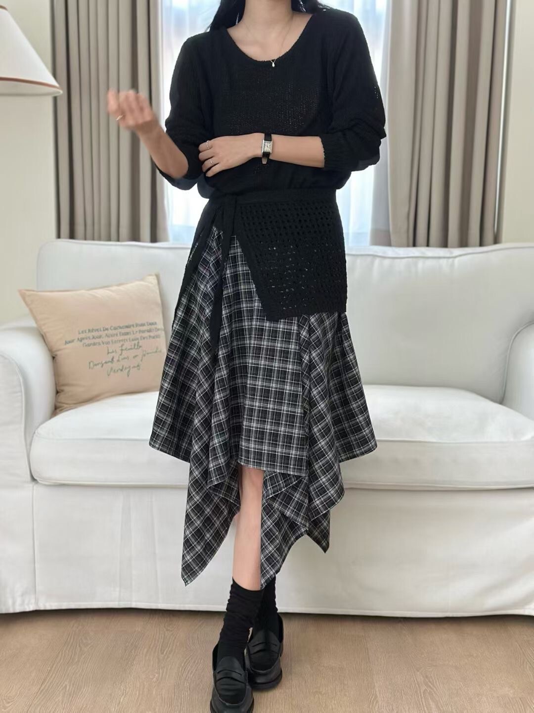 配色格紋不對稱下擺造型長裙-F