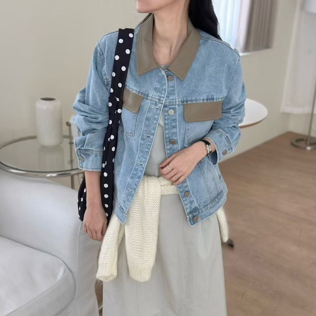 拼接配色皮革領片造型牛仔外套