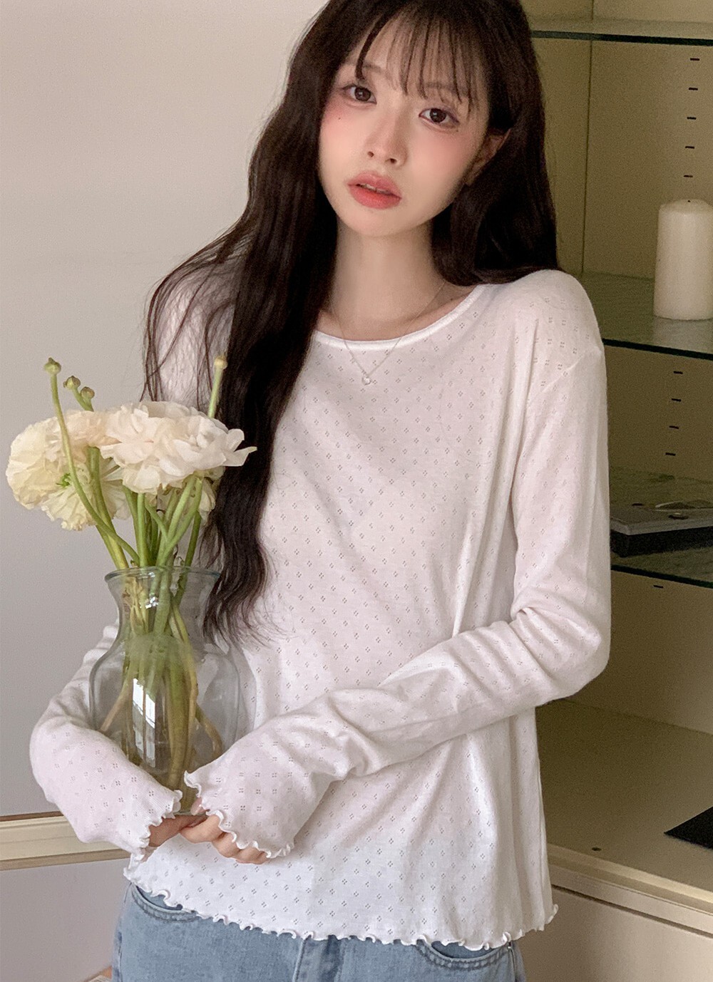 韓國grace muse授權  春日必備織孔荷葉袖邊上衣【made muse】系列