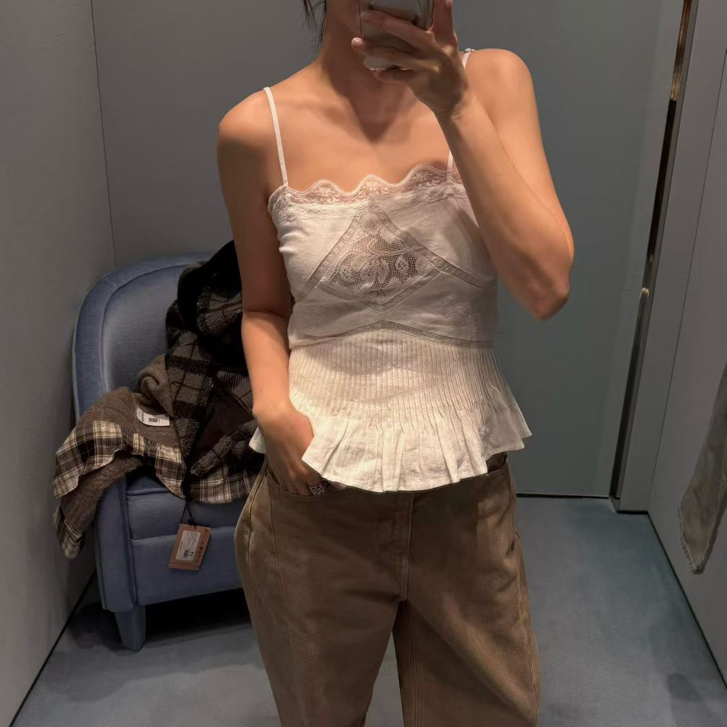 復古雕花蕾絲收腰傘擺細肩帶背心 / 2色