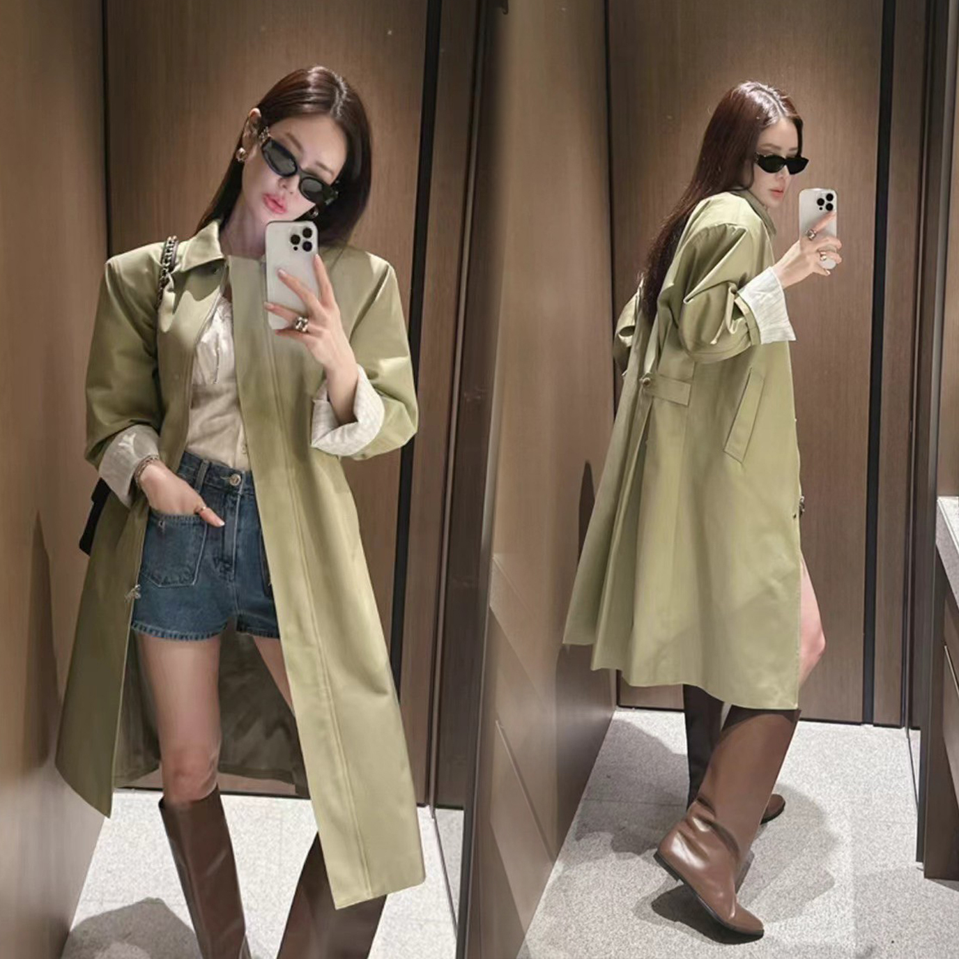 配色反摺手袖造型翻領長版風衣外套 / 2色