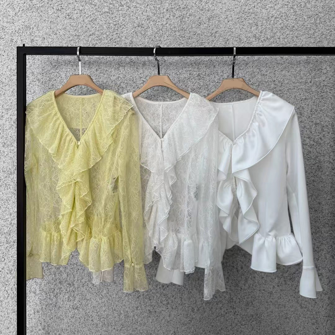 氣質女子透膚感蕾絲上衣荷葉滾邊上衣 / 3色