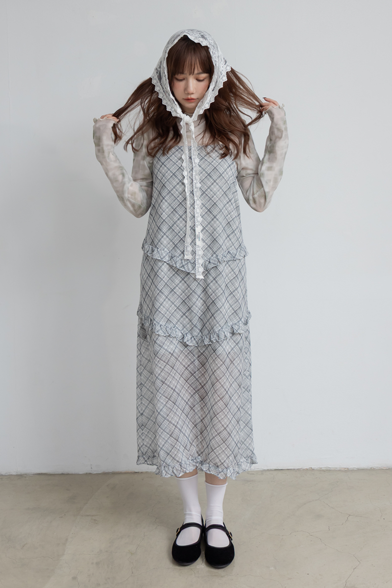 荷葉飾邊雪紡吊帶長洋裝