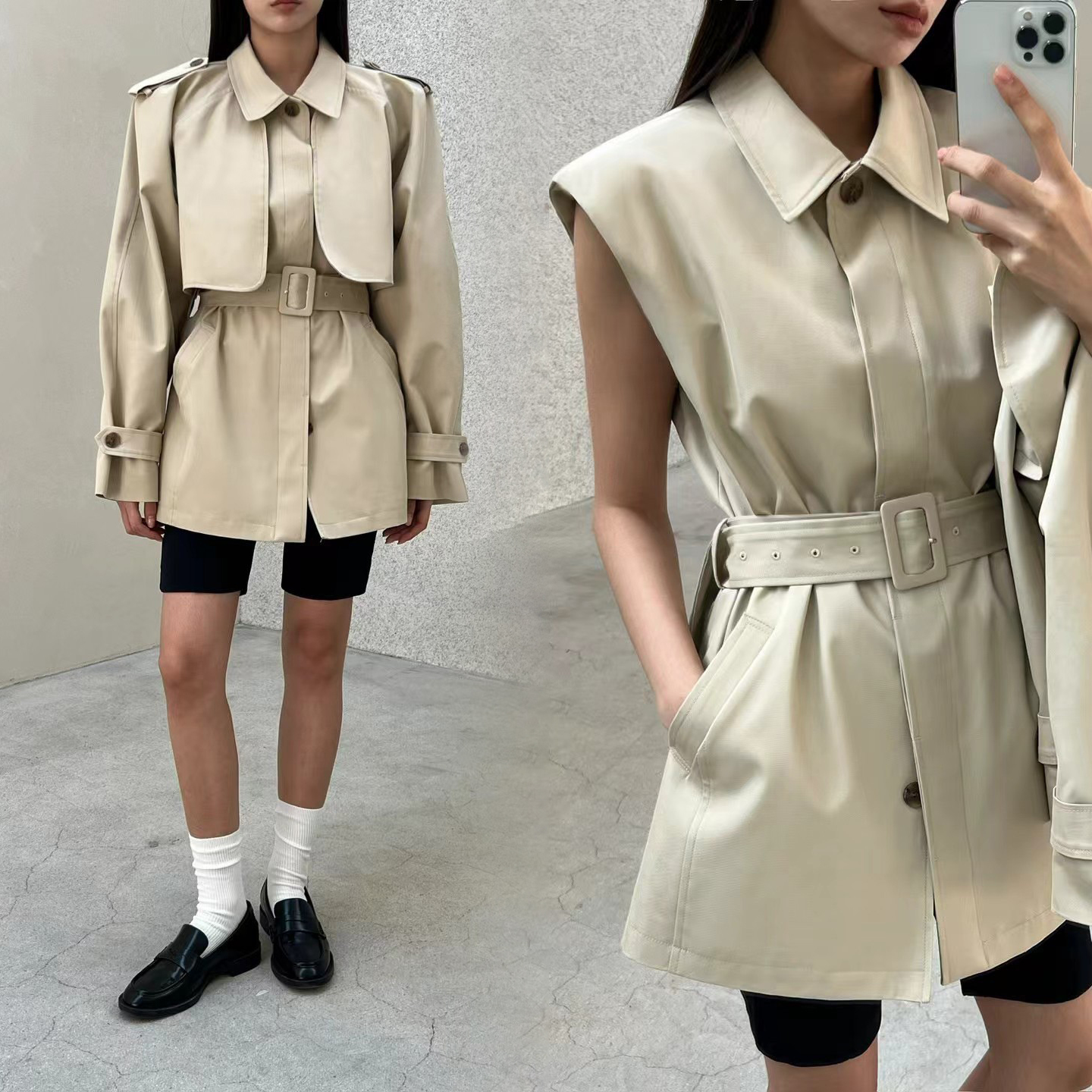 可拆兩件式短版風衣外套+長版背心SET / 2色