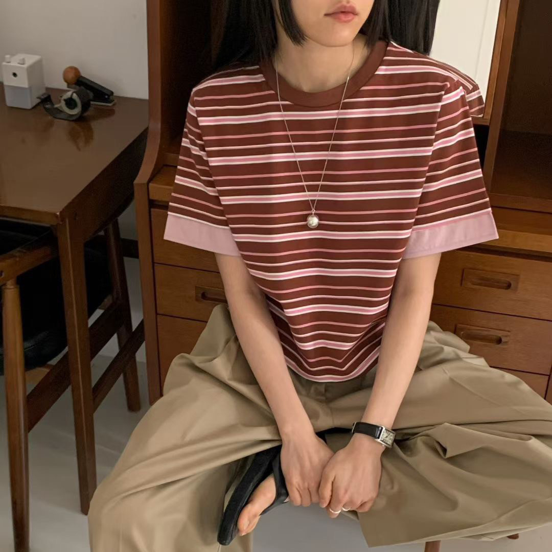 慵懶感雙配色橫條紋圓領短袖上衣 / 2色