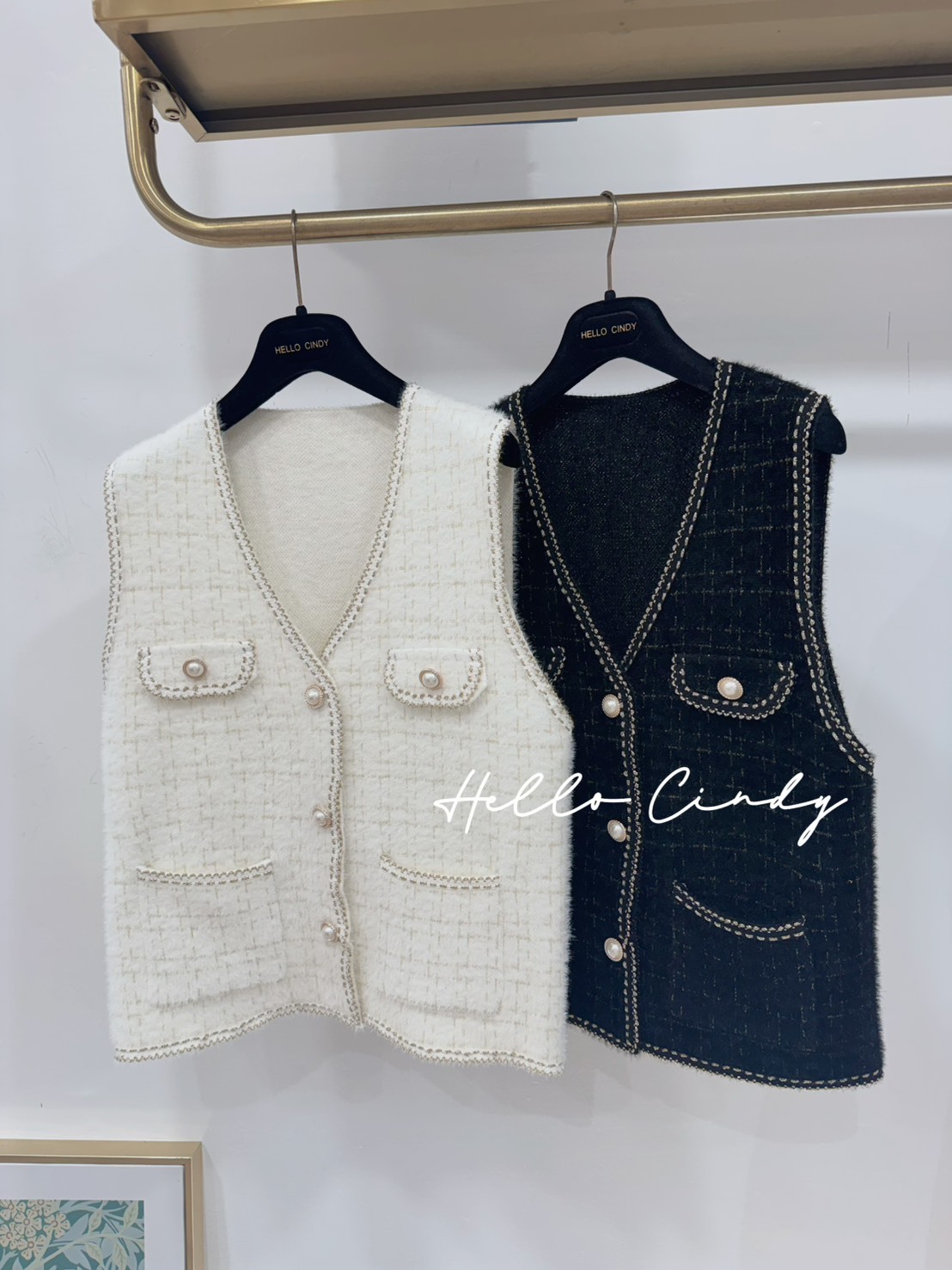 高級感滿滿的顯瘦款水貂毛針織珍珠釦小香風背心