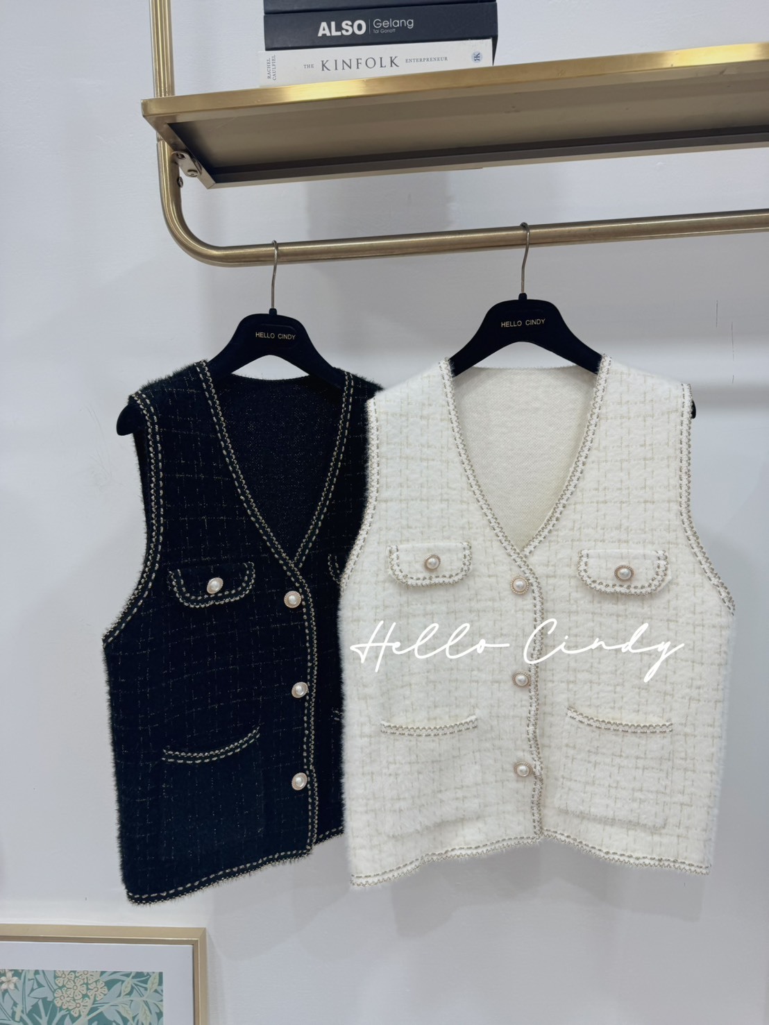 高級感滿滿的顯瘦款水貂毛針織珍珠釦小香風背心
