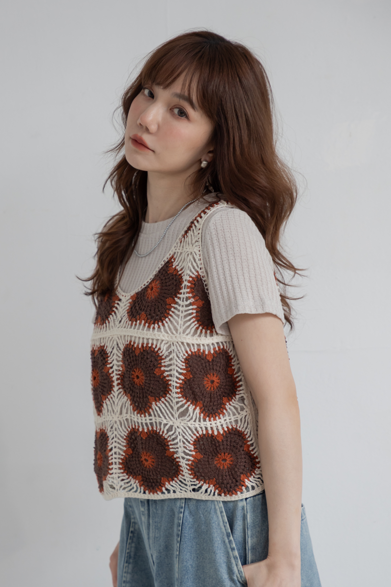撞色花花短版編織背心