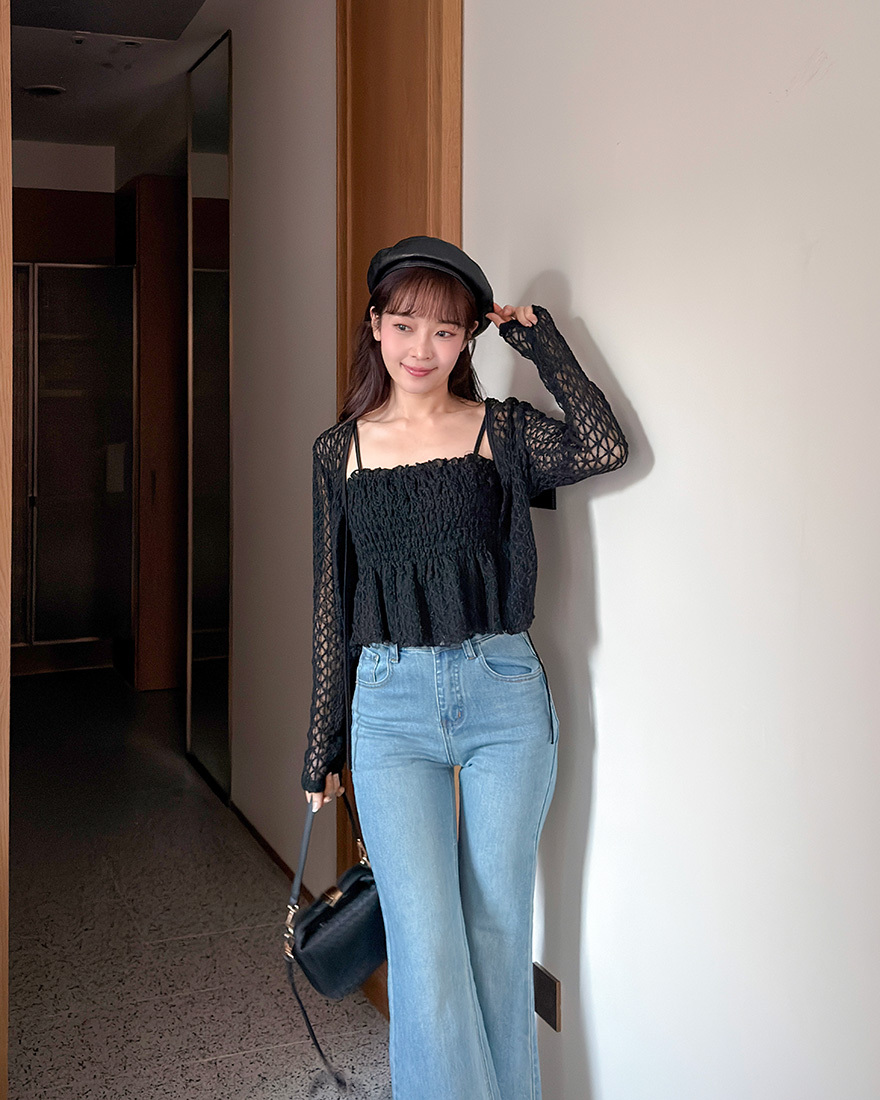 LINA LINA心動紀事刺繡緹花外套背心兩件組-高貴黑