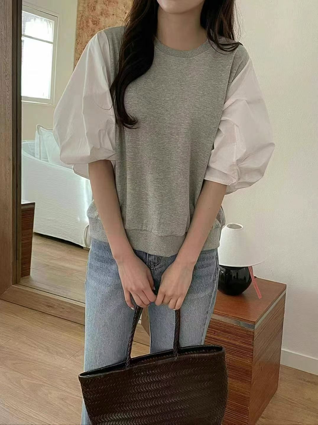 小泡袖假2件上衣(15074)