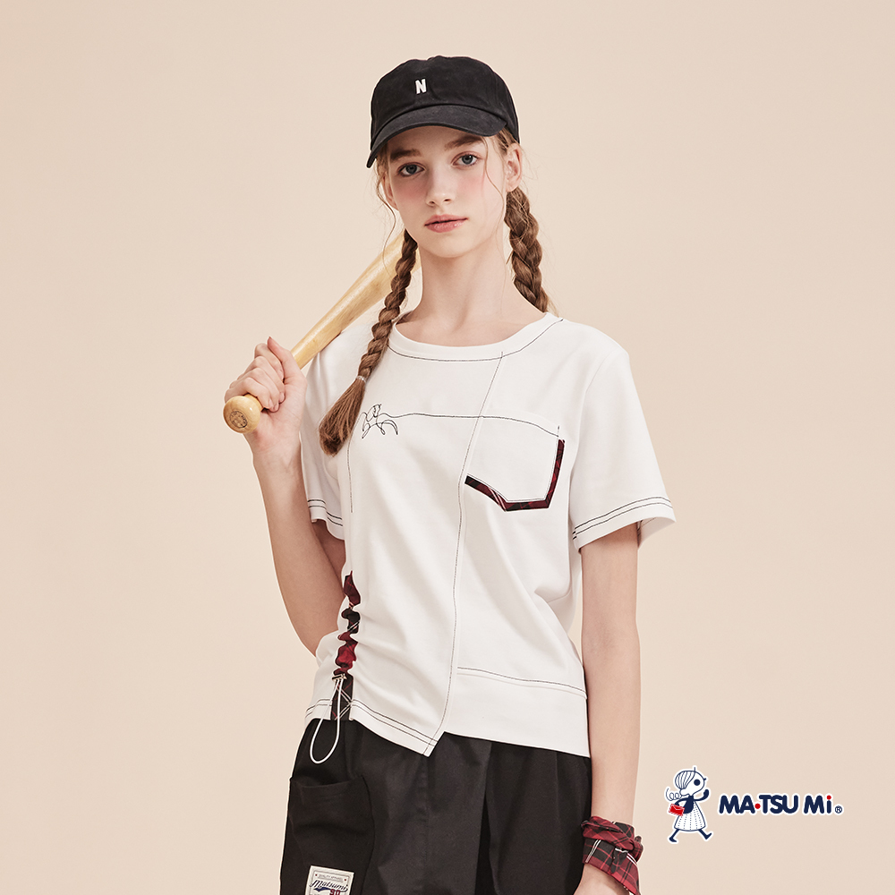MA‧TSU Mi 寬鬆感不對稱剪裁格紋拼接抽繩短袖上衣(白.黑)