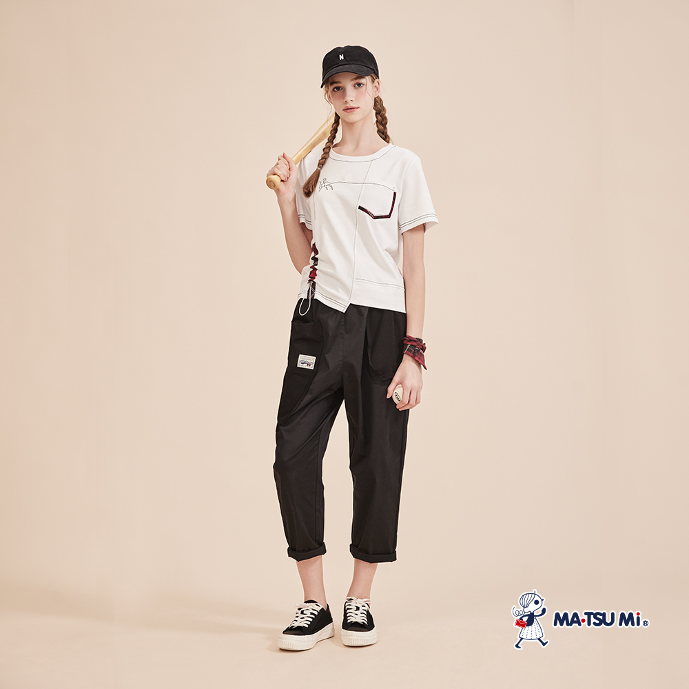 MA‧TSU Mi 寬鬆感不對稱剪裁格紋拼接抽繩短袖上衣(白.黑)
