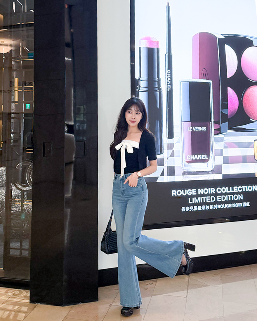 LINA LINA微甜千金拼色蝴蝶結背心外套兩件組-貴氣黑
