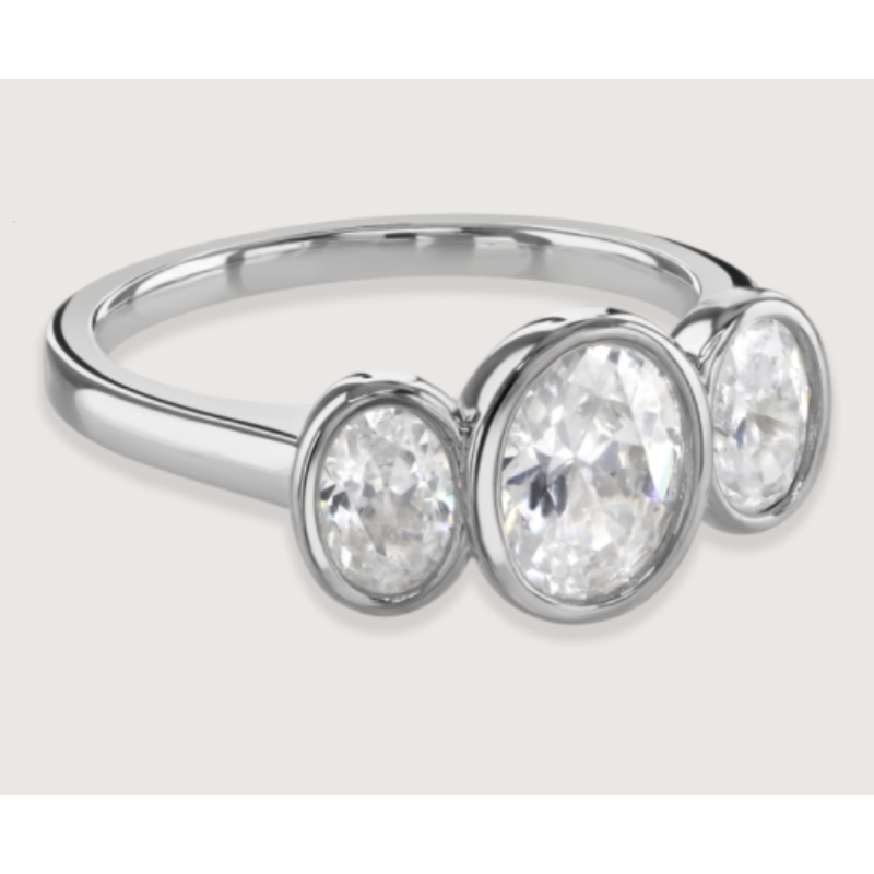 UK-JJG0303-197 Bezel Setting Oval Trilogy Diamond Engagement Ring-925 STERLING SILVER (A17)