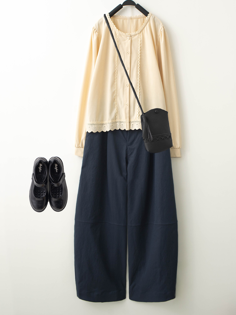 蕾絲織帶條絨上衣打褶剪接蘿蔔繭型褲組合