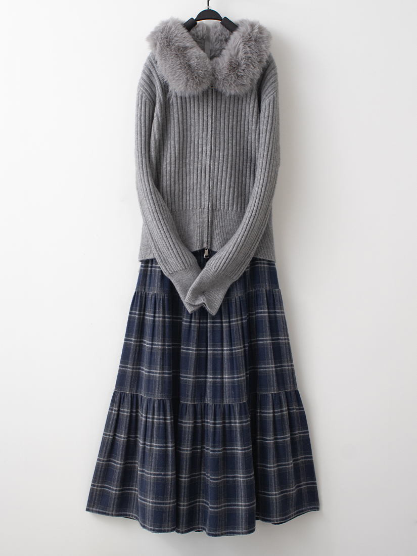 羅紋毛毛領外套蘇格蘭格紋蛋糕長裙組合