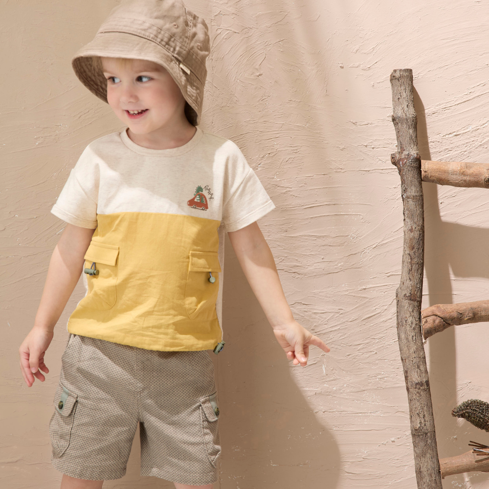 PIPPY 潮酷棉麻工裝雙口袋拼接休閒短褲 卡其