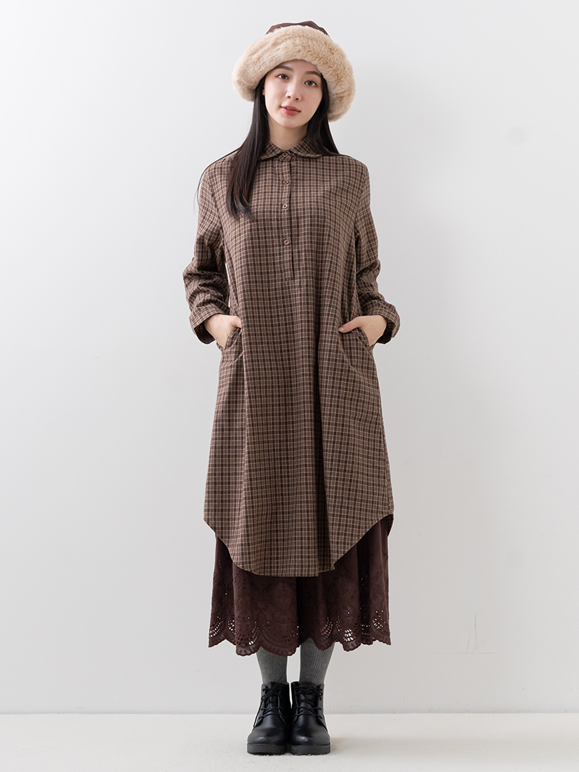 輕磨毛格紋洋裝繡花寬褲組合