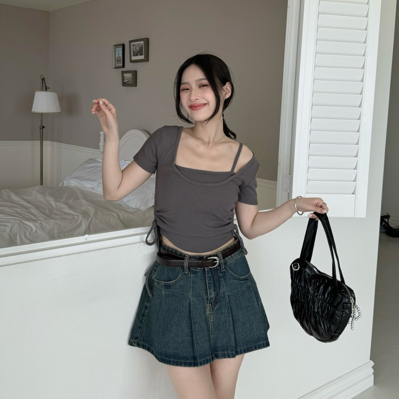 做舊復古🤎辣妹牛仔百褶裙附皮帶(2色/有安全褲!!)