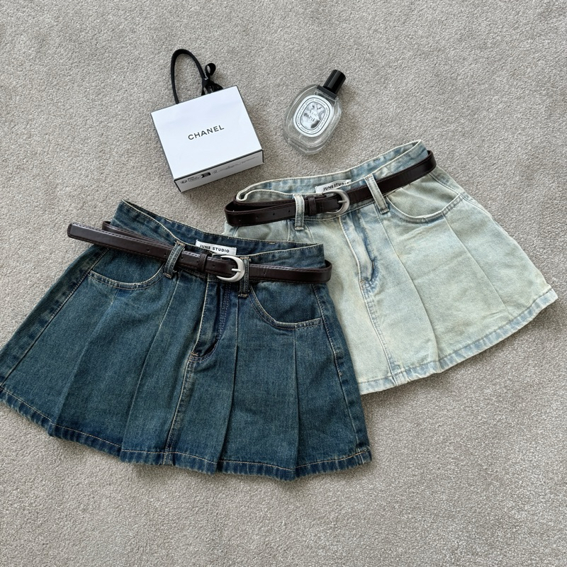 做舊復古🤎辣妹牛仔百褶裙附皮帶(2色/有安全褲!!)