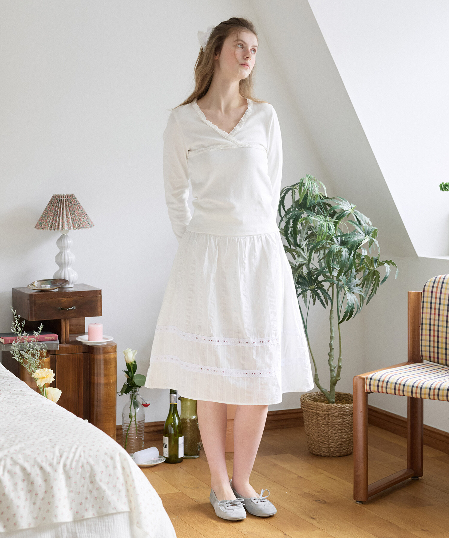 LETTER FROM MOON - Cotton Midi Belted Skirt *WHITE*