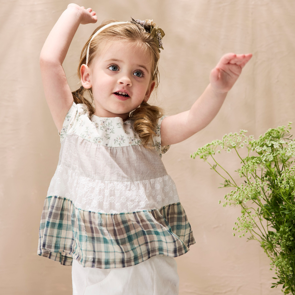 PIPPY花漾四層拼接飄逸小波浪純棉印花短袖上衣 綠