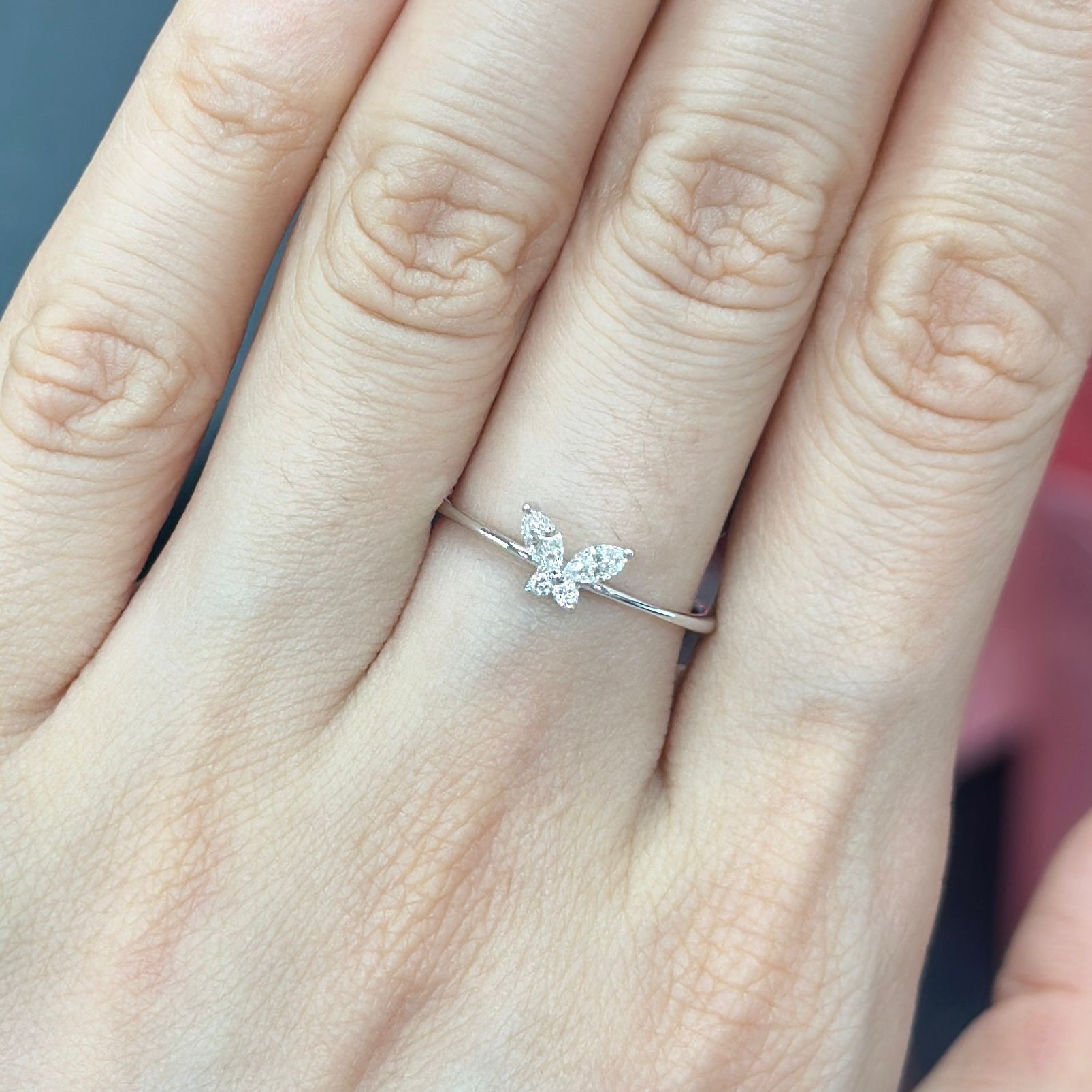 VX391 167B R6989 ~0.15ct Lab Diamond Marquise butterfly ring in 9K white gold