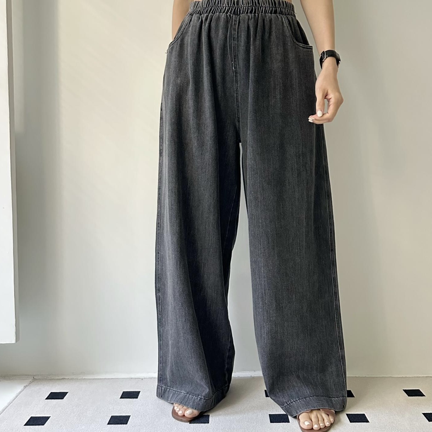 【BONNIE】全橡筋腰淨色闊牛仔褲 (R10)