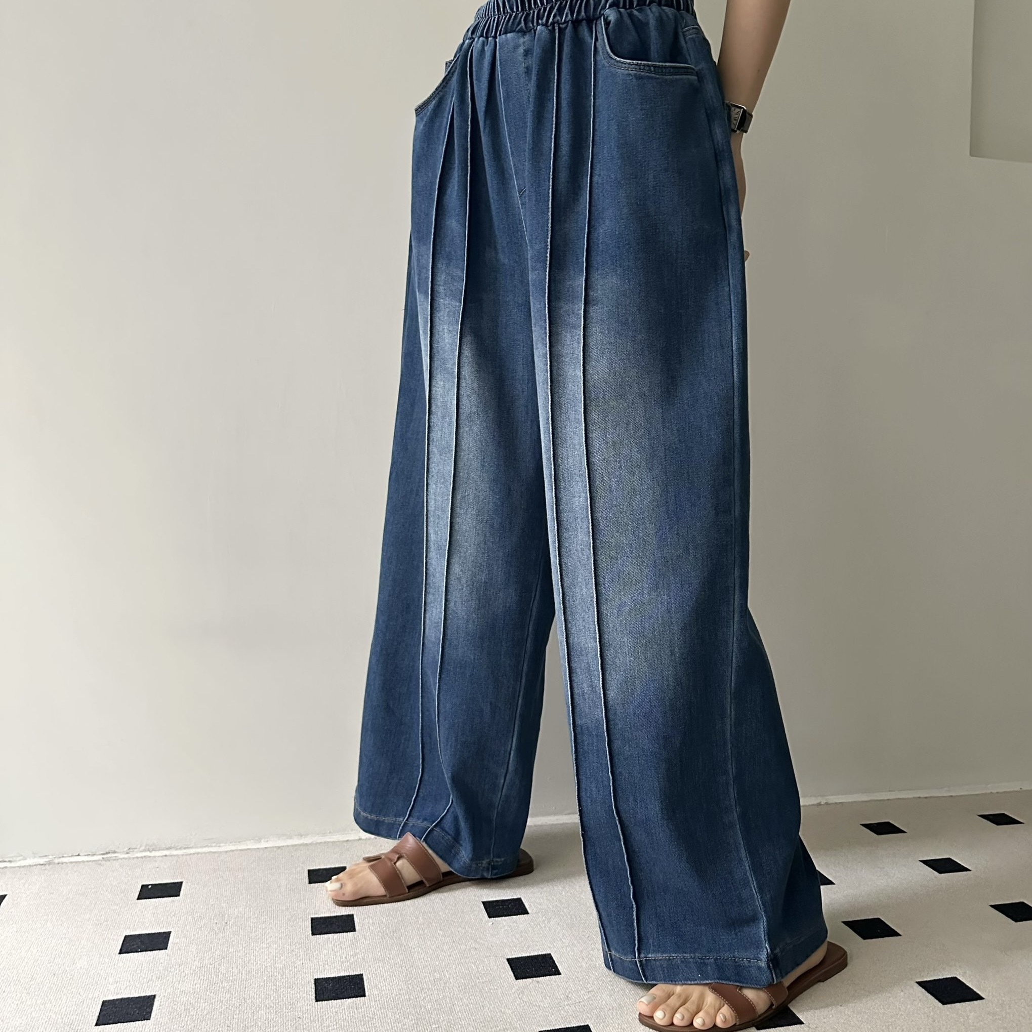 【BONNIE】全橡筋腰雙車骨闊牛仔褲 (R1)