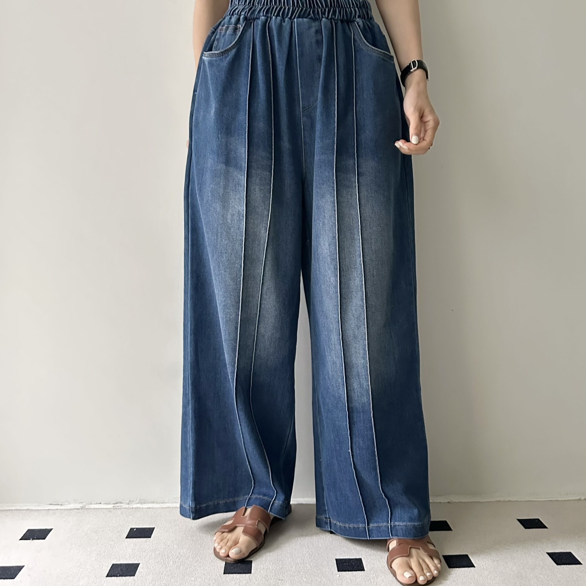 【BONNIE】全橡筋腰雙車骨闊牛仔褲 (R1)