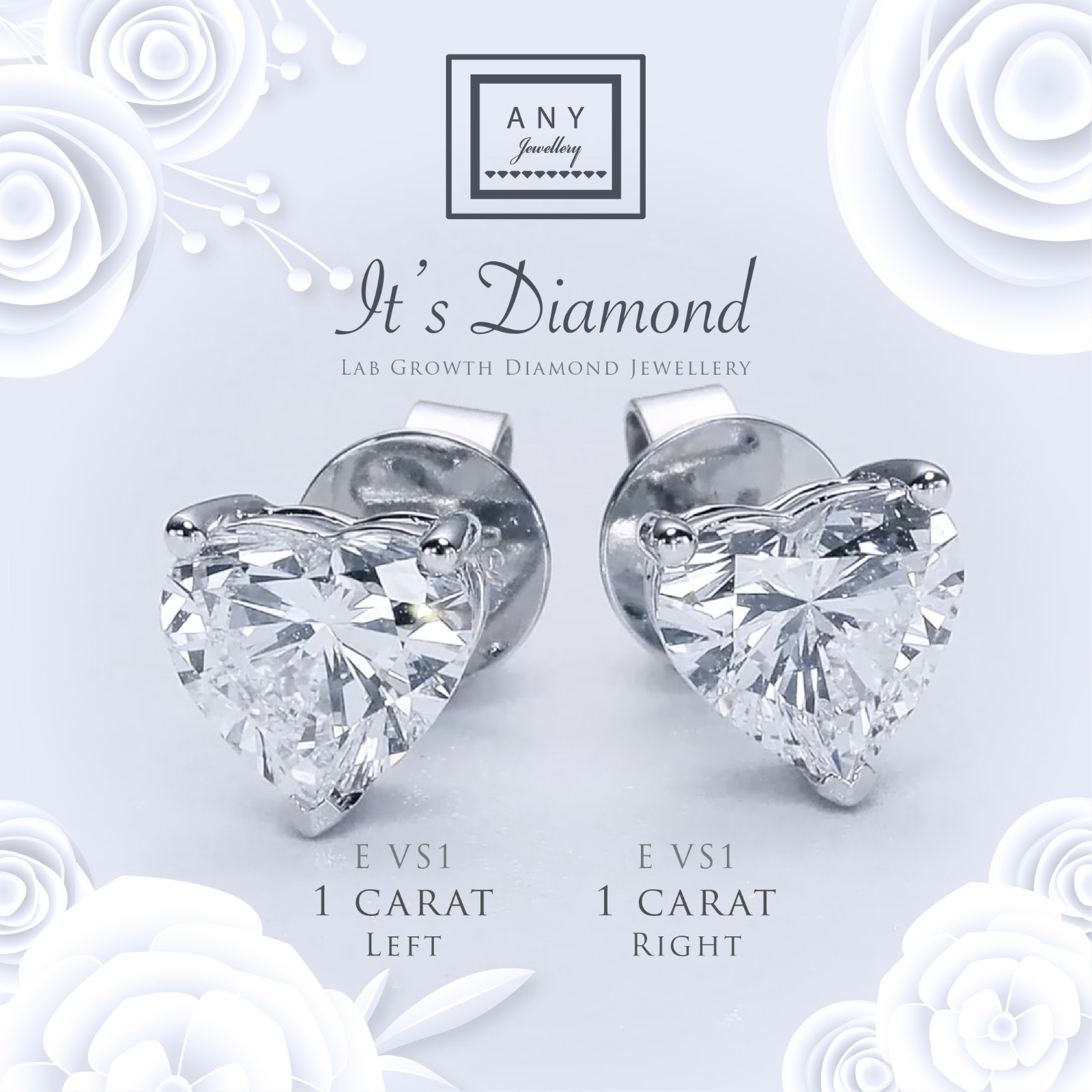 VX366 B142 E3630 1 Carat Heart Shape lab diamond earrings D VS1 with IGI Certificate (total around 2ct)