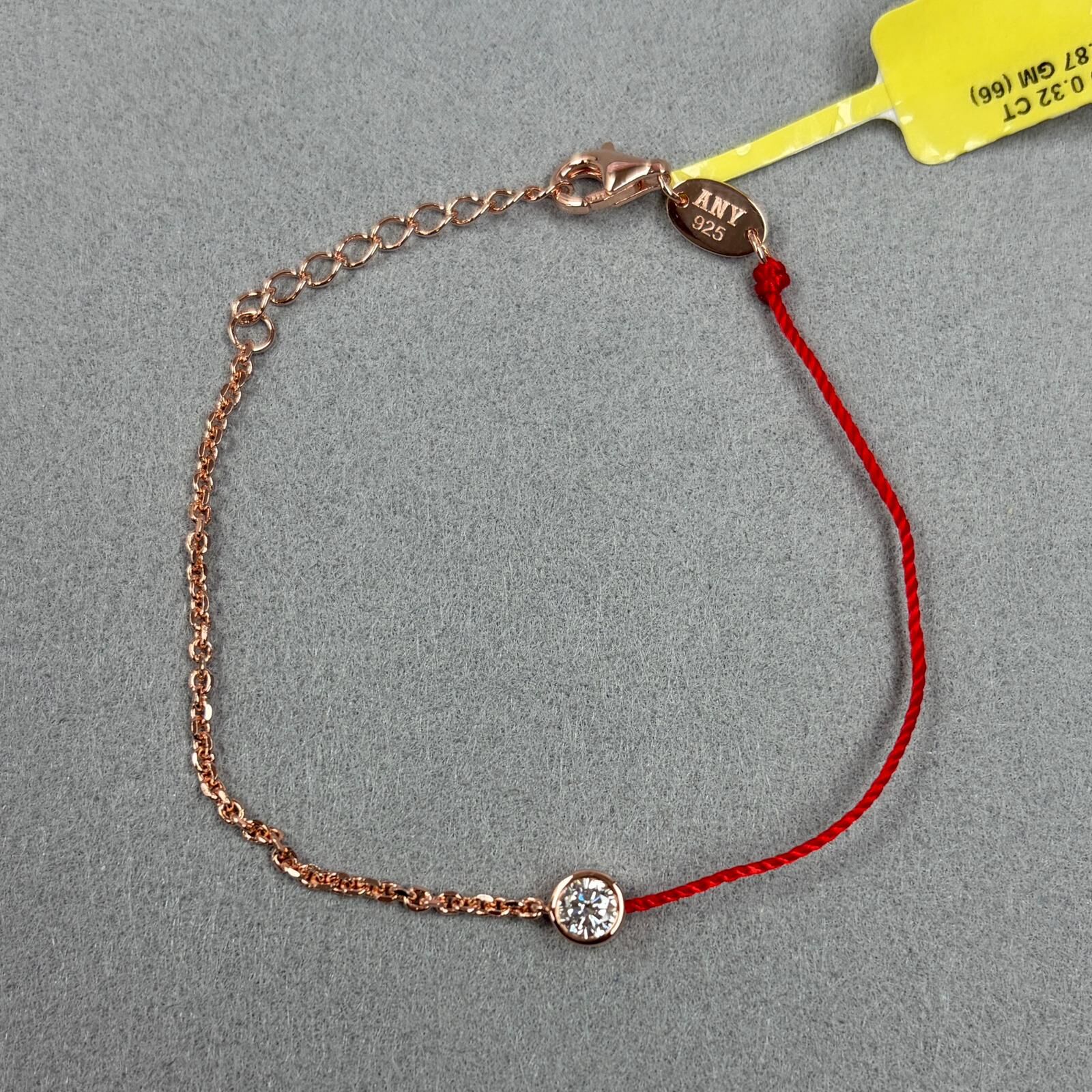 VX233 B9 B1780 (R) 銀925玫瑰金色 紅繩+半鏈 圓形培育鑽石 約0.30ct (約4.3mm) 16+2cm