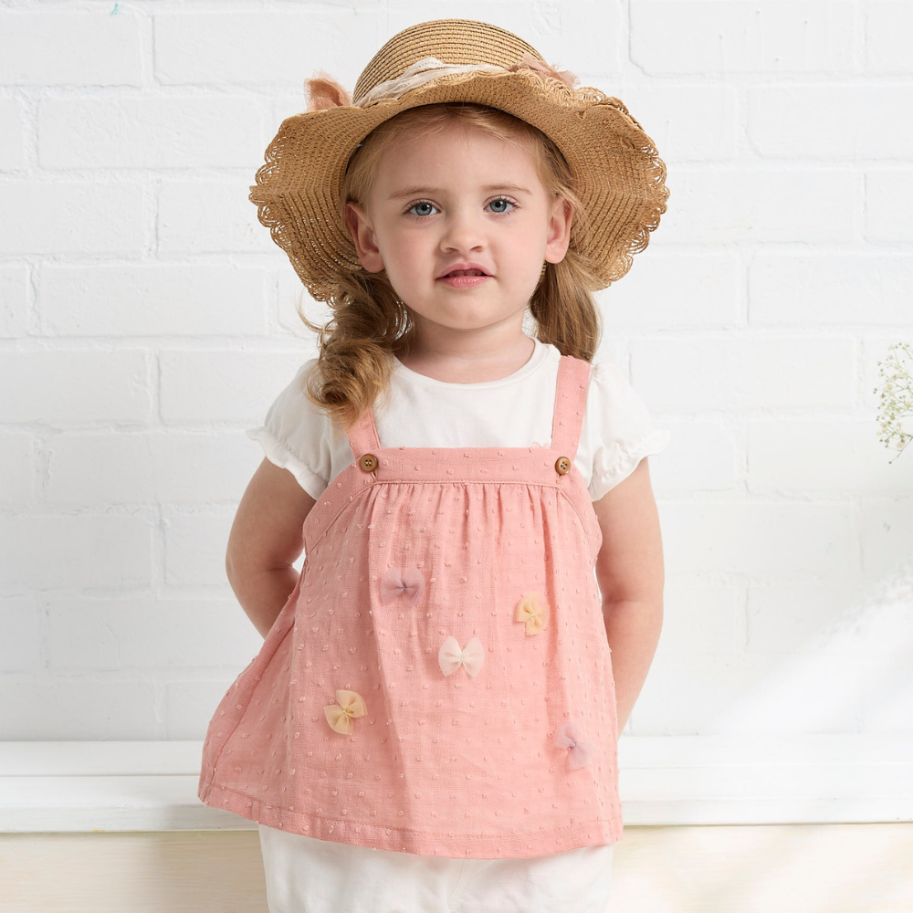 PIPPY 俏皮兩件式吊帶蝴蝶結棉質圓領短袖上衣 粉