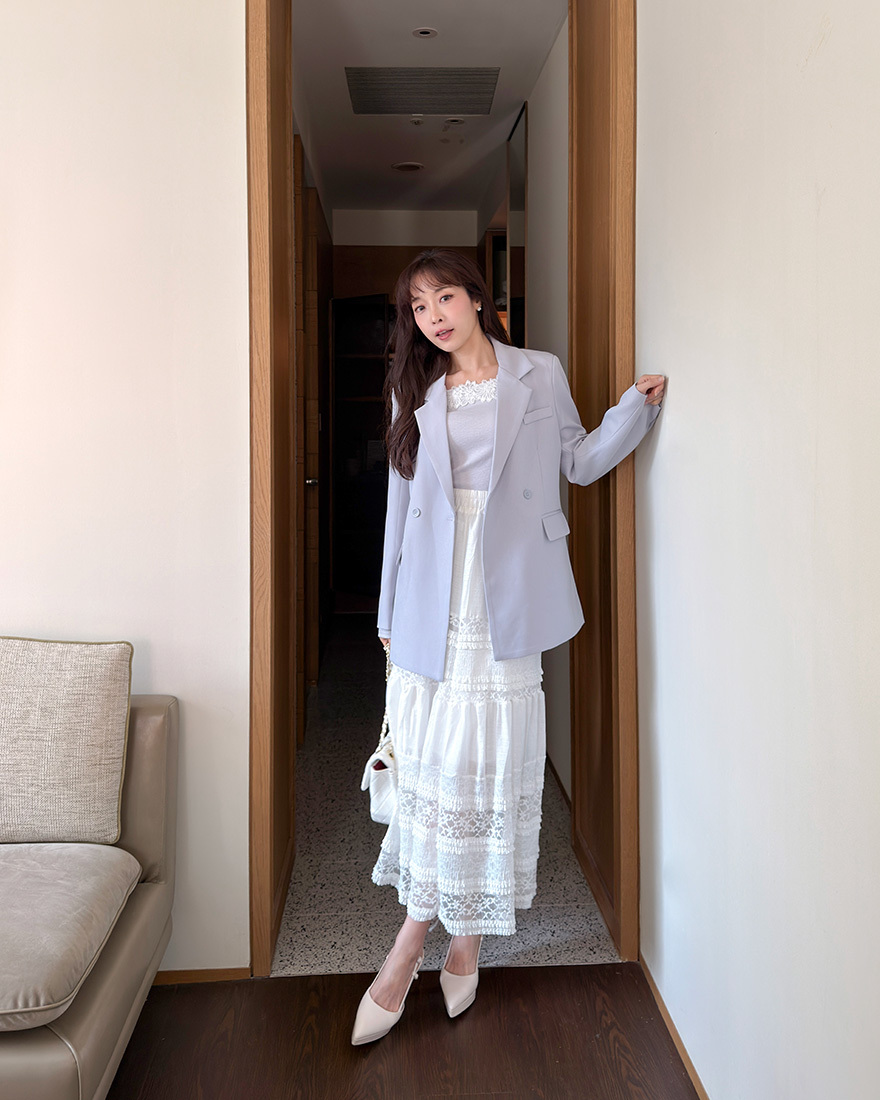 LINA LINA柔美心扉網紗蕾絲滾邊鬆緊長裙-珍珠白