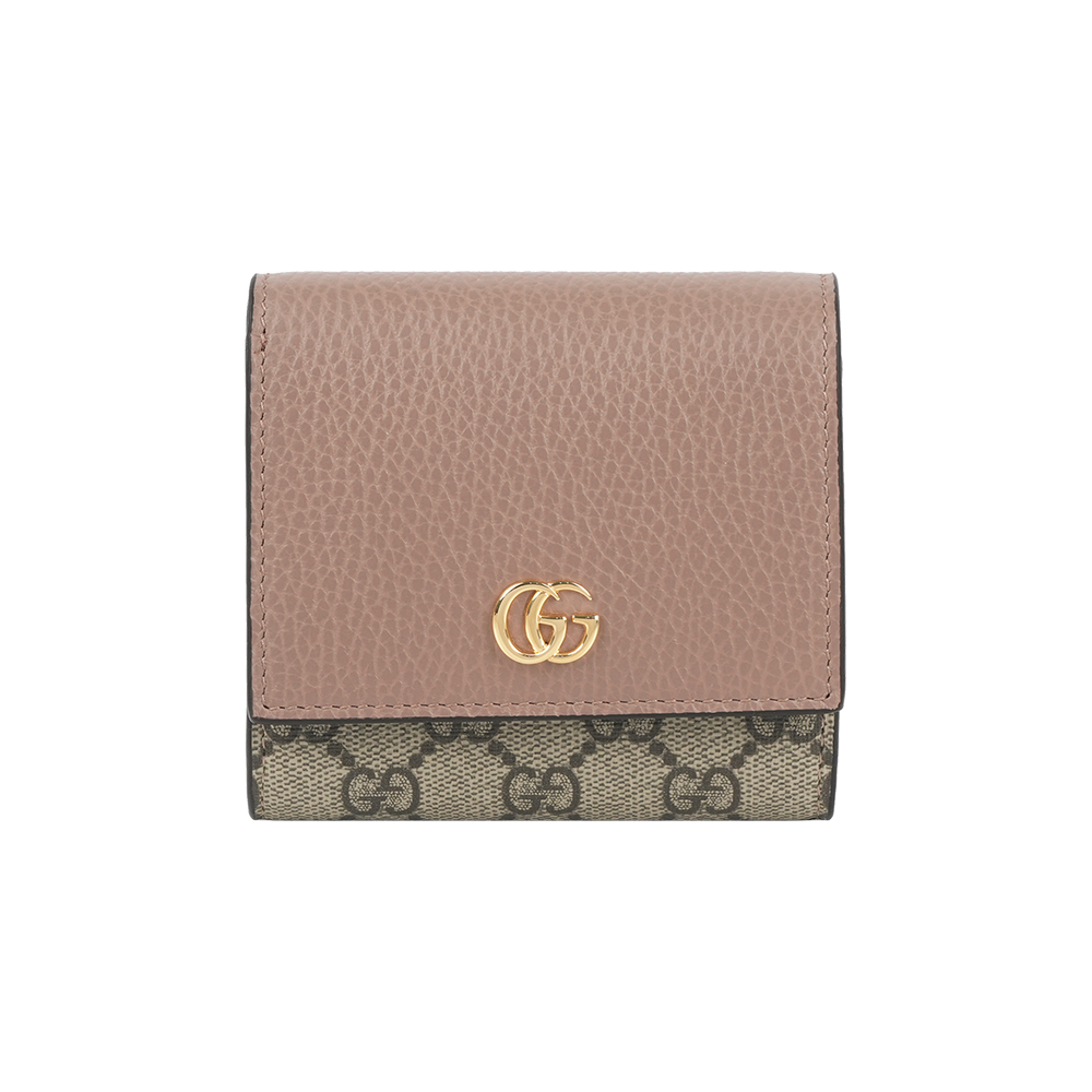 【GUCCI】GG Marmont 皮革拼帆布二折大款短夾(玫瑰米色/烏木)