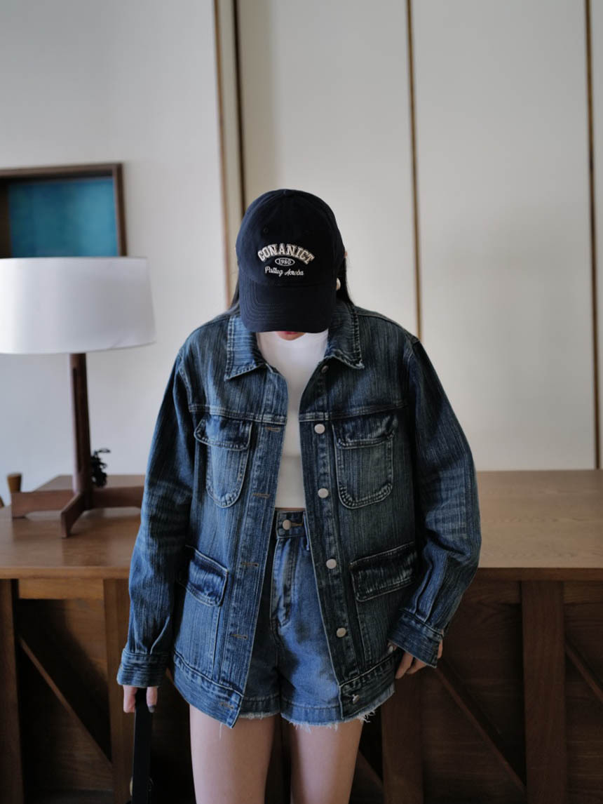 手工撞色牛仔外套