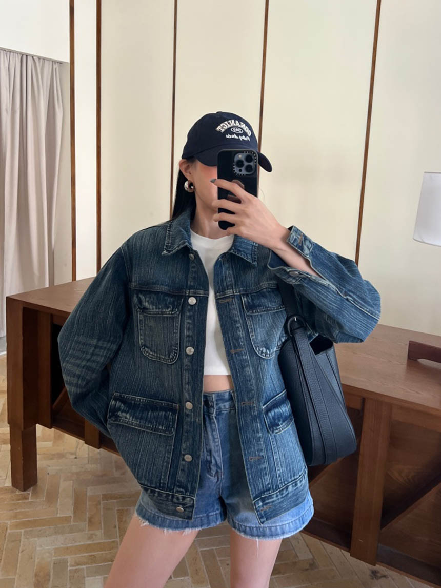 手工撞色牛仔外套