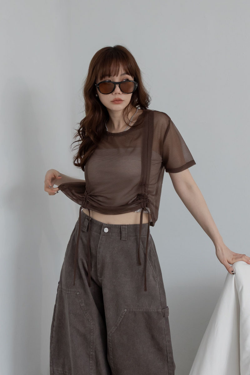 條紋透膚抽繩短版上衣