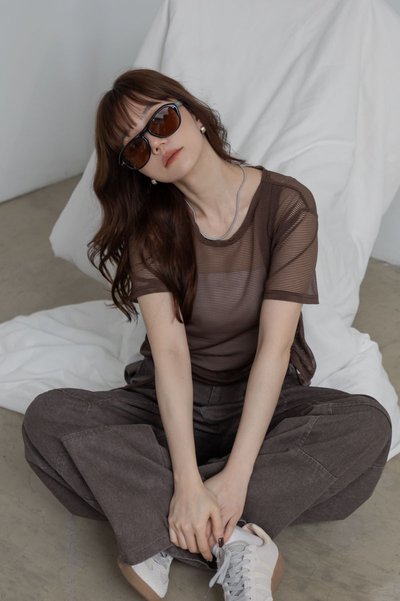 條紋透膚抽繩短版上衣